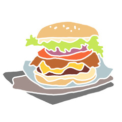 Tasty juicy hamburger for fast food lunch or outdoor picnic. Junk food sandwich with meat in cafe menu or restaurant kitchen. Silhouette colorful illustration. Comics cartoon style drawing. 