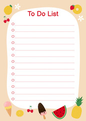 Template for To Do List with cute summer objects. Colorful ice cream, fruit and berries