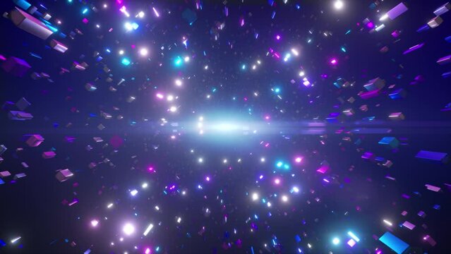 Abstract three-dimensional space. Different cubes in move in space. Moving background. Seamless Loop 4K animation