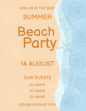 Beach party poster template. Top view on beach sand, seashells and sea waves. Template for banner, flyer, invitation and poster.