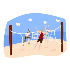 people playing beach volleyball on sand in summer. Players throwing ball through net. Team sports game. Flat vector illustration of beach volley isolated on white background