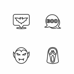 Set line Funny and scary ghost mask, Vampire, Flying bat and Boo speech bubble icon. Vector