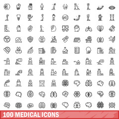Fototapeta na wymiar 100 medical icons set. Outline illustration of 100 medical icons vector set isolated on white background