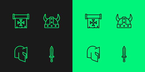 Set line Medieval sword, helmet, Crusade and Viking in horned icon. Vector