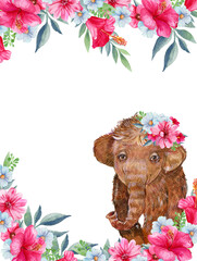 cute mammoth with flowers watercolor illustration
