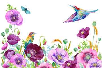 floral background purple poppies and birds watercolor illustration for the design of postcards and invitations - 513729056