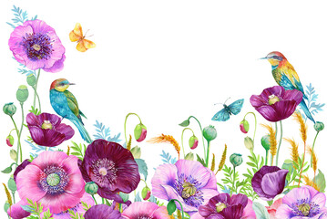 floral background purple poppies and birds watercolor illustration for the design of postcards and invitations - 513729059
