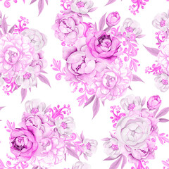 Seamless watercolor pattern of flowers on a white background.Design for printing on fabric and wallpaper