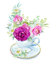 Beautiful floral bouquet in a cup watercolor illustration on an isolated white background
