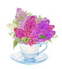 Beautiful lilac flower bouquet in a cup watercolor illustration on an isolated white background