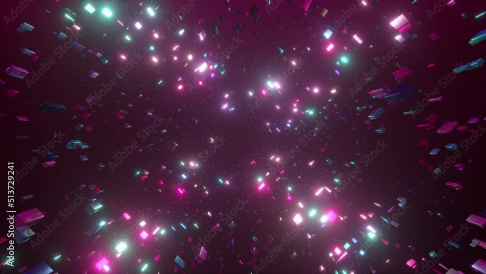 Poster abstract three-dimensional space. different cubes in move in space. moving background. seamless loop