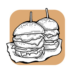 Tasty juicy hamburger for fast food lunch, outdoor picnic. Junk food sandwich with meat in cafe menu, restaurant kitchen. Hand drawn retro vintage colourful illustration. Comics cartoon style drawing.