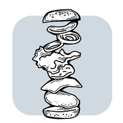 Tasty juicy hamburger for fast food lunch, outdoor picnic. Junk food sandwich with meat in cafe menu, restaurant kitchen. Hand drawn retro vintage colourful illustration. Comics cartoon style drawing.