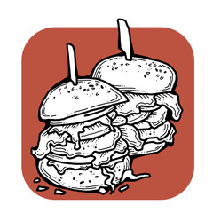 Tasty juicy hamburger for fast food lunch, outdoor picnic. Junk food sandwich with meat in cafe menu, restaurant kitchen. Hand drawn retro vintage colourful illustration. Comics cartoon style drawing.