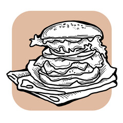 Tasty juicy hamburger for fast food lunch, outdoor picnic. Junk food sandwich with meat in cafe menu, restaurant kitchen. Hand drawn retro vintage colourful illustration. Comics cartoon style drawing.