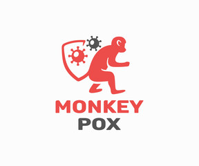 Monkeypox virus outbreak pandemic logo design. Monkey with shield-shaped tail and bacteria and viruses vector design. Monkey smallpox, MPXV virus logotype