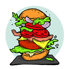 Tasty juicy hamburger for fast food lunch, outdoor picnic. Junk food sandwich with meat in cafe menu, restaurant kitchen. Hand drawn retro vintage colourful illustration. Comics cartoon style drawing.