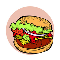 Tasty juicy hamburger for fast food lunch, outdoor picnic. Junk food sandwich with meat in cafe menu, restaurant kitchen. Hand drawn retro vintage colourful illustration. Comics cartoon style drawing.