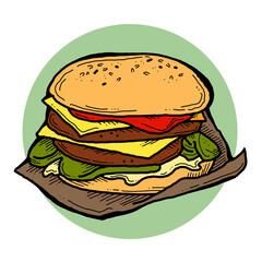 Tasty juicy hamburger for fast food lunch, outdoor picnic. Junk food sandwich with meat in cafe menu, restaurant kitchen. Hand drawn retro vintage colourful illustration. Comics cartoon style drawing.