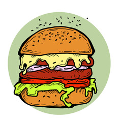 Tasty juicy hamburger for fast food lunch, outdoor picnic. Junk food sandwich with meat in cafe menu, restaurant kitchen. Hand drawn retro vintage colourful illustration. Comics cartoon style drawing.