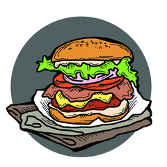 Tasty juicy hamburger for fast food lunch, outdoor picnic. Junk food sandwich with meat in cafe menu, restaurant kitchen. Hand drawn retro vintage colourful illustration. Comics cartoon style drawing.