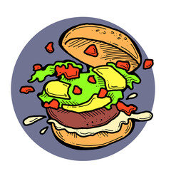 Tasty juicy hamburger for fast food lunch, outdoor picnic. Junk food sandwich with meat in cafe menu, restaurant kitchen. Hand drawn retro vintage colourful illustration. Comics cartoon style drawing.