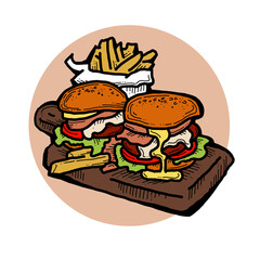 Tasty juicy hamburger for fast food lunch, outdoor picnic. Junk food sandwich with meat in cafe menu, restaurant kitchen. Hand drawn retro vintage colourful illustration. Comics cartoon style drawing.