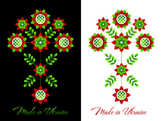 Floral composition in Ukrainian style. Flat pattern based on Ukrainian embroidery on a black and white background. Made in Ukraine. Tree of Life.