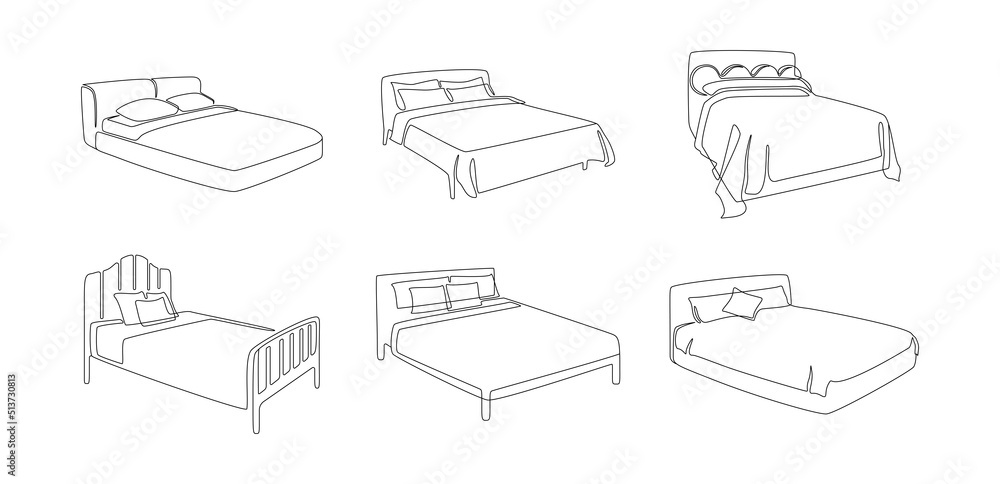 Poster set of double beds thin icons in line art style. modern comfortable luxury furnitures for bedroom in