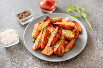 Baked potato wedges with herbs and sauce on stone background - homemade organic vegetable veggie veggie potato wedge appetizer.