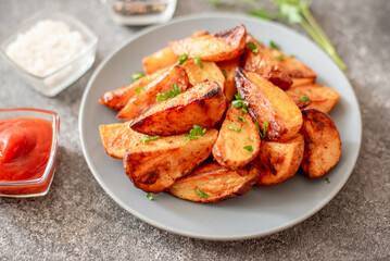 Baked potato wedges with herbs and sauce on stone background - homemade organic vegetable veggie veggie potato wedge appetizer.