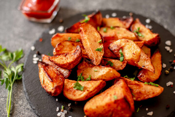 Baked potato wedges with herbs and sauce on stone background - homemade organic vegetable veggie veggie potato wedge appetizer.