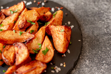 Baked potato wedges with herbs and sauce on stone background - homemade organic vegetable veggie veggie potato wedge appetizer.