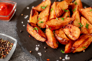 Baked potato wedges with herbs and sauce on stone background - homemade organic vegetable veggie veggie potato wedge appetizer.