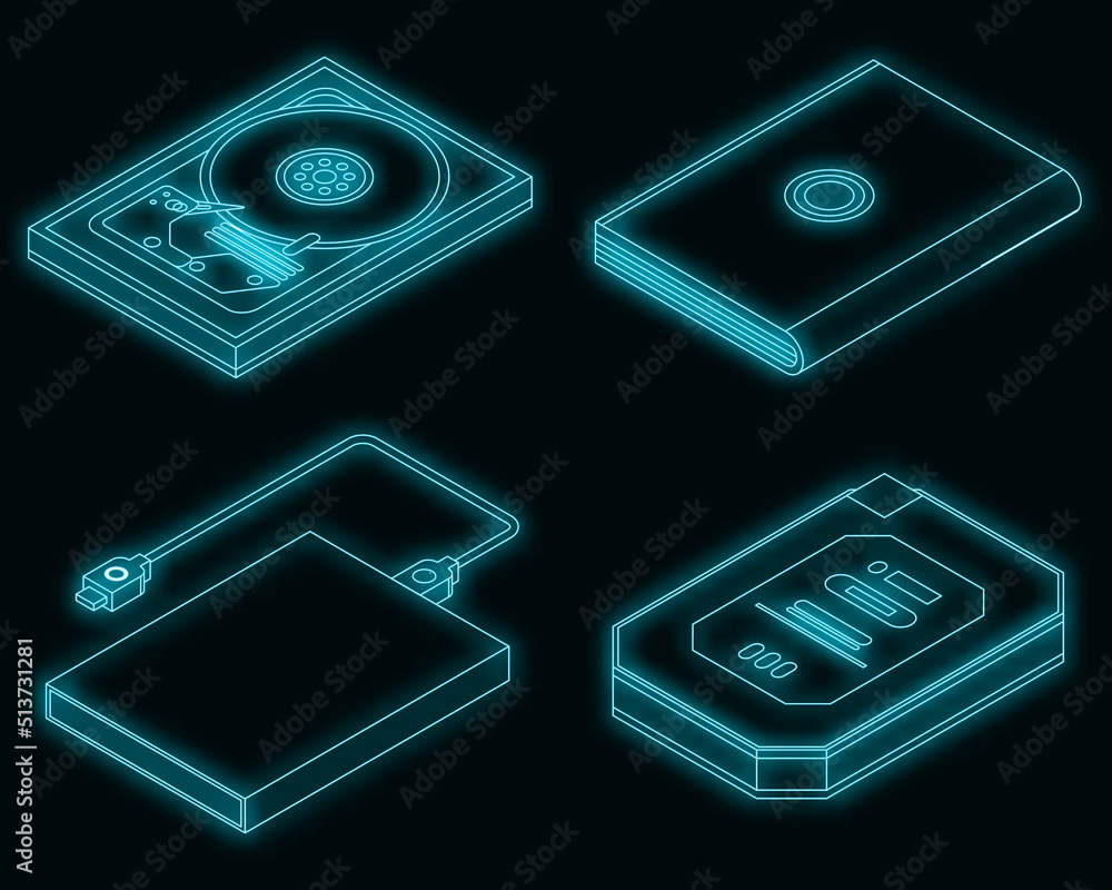 Poster hard disk icons set. isometric set of hard disk vector icons neon on black