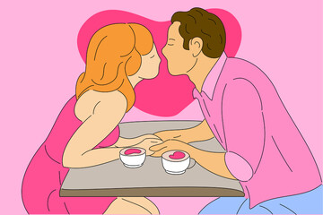 A pair of lovers are kissing at the coffee table. Boyfriend and girlfriend are dating in a coffee shop