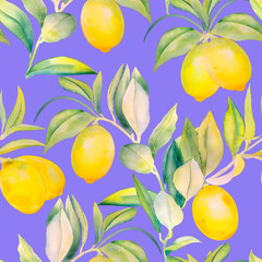 Ripe lemon fruits on a branch seamless watercolor pattern. Endless yellow citrus background. Hand drawn tropical tree illustration on isolated background. Summer botanical Sicilian print. For textiles