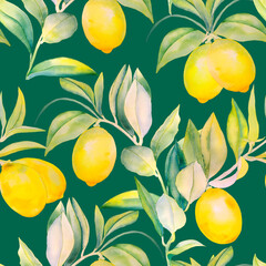 Ripe lemon fruits on a branch seamless watercolor pattern. Endless yellow citrus background. Hand drawn tropical tree illustration on isolated background. Summer botanical Sicilian print. For textiles