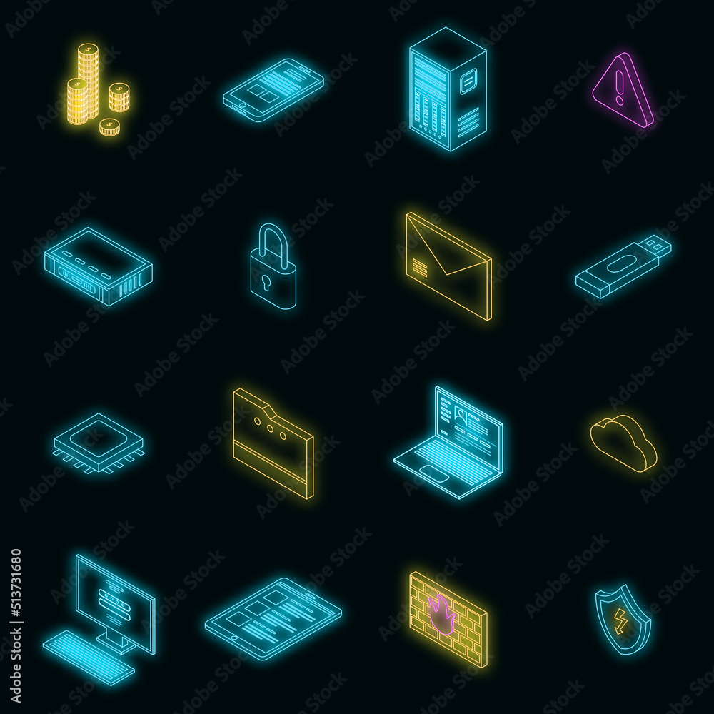 Poster firewall security icons set. isometric set of firewall security vector icons neon on black