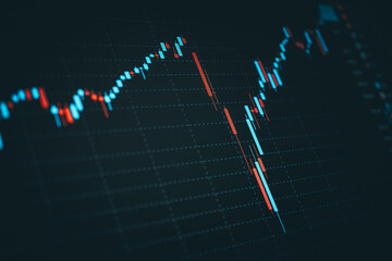 Display of quotes pricing graph visualization under black background. Financial statistic analysis on dark background with growing financial charts. Stock analyzing. Price chart bars.