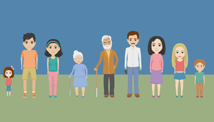 Grgrandfather, grandmother; father, mother; extended family consisting of an older brother, sister, younger sister, aunt and grandchild