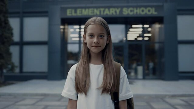 Cute shy girl standing at school entrance alone. Portrait pretty schoolgirl.