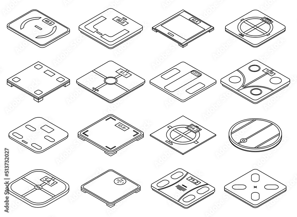 Poster smart scales icons set. isometric set of smart scales vector icons thin line outline on white isolat