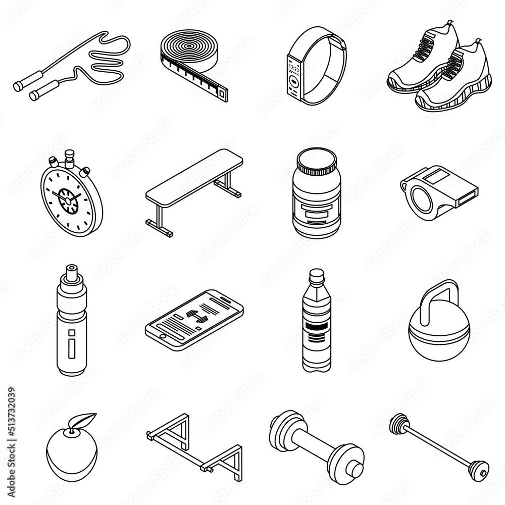 Poster gym time icons set. isometric set of gym time vector icons thin line outline on white isolated