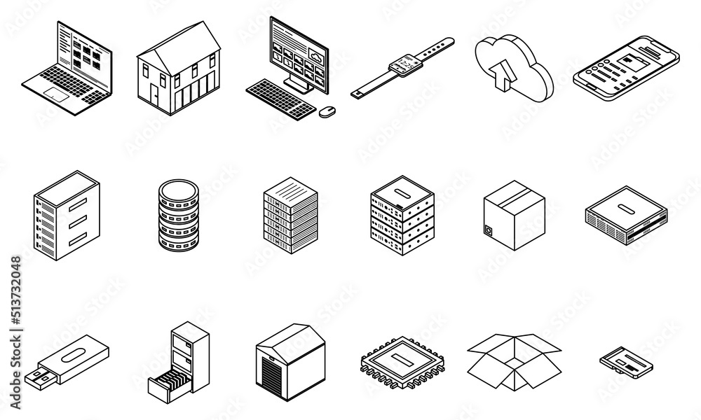 Poster storage icons set. isometric set of storage vector icons thin line outline on white isolated