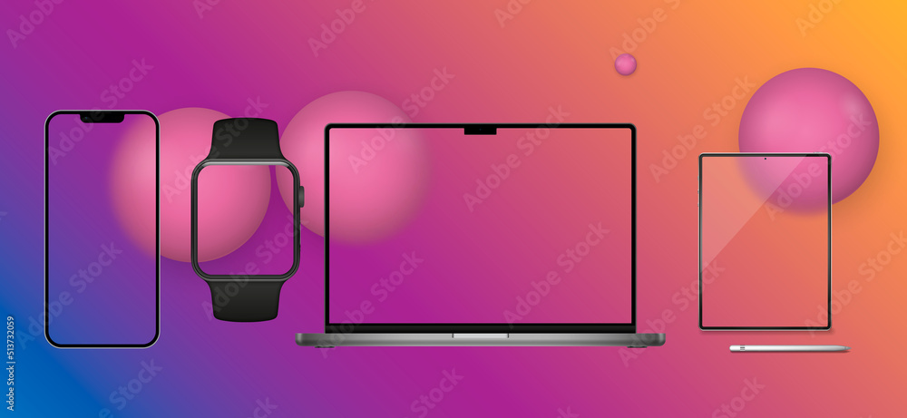 Poster set of computer, laptop, smartphone with empty screens. vector illustration