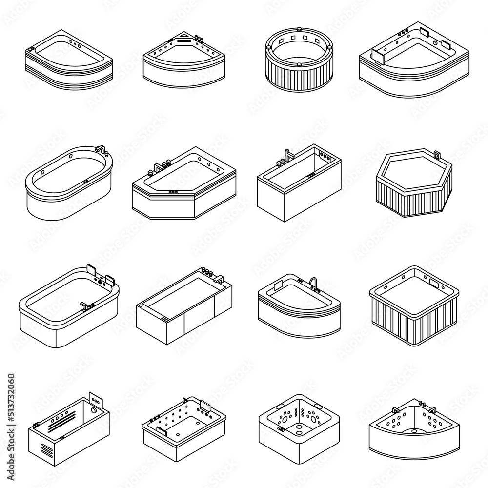 Poster jacuzzi icons set. isometric set of jacuzzi vector icons thin line outline on white isolated