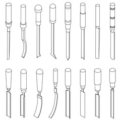 Chisel icons set. Isometric set of chisel vector icons thin line outline on white isolated