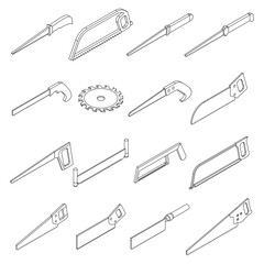 Saw icons set. Isometric set of saw vector icons thin line outline on white isolated