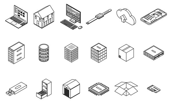 Storage icons set. Isometric set of storage vector icons thin line outline on white isolated